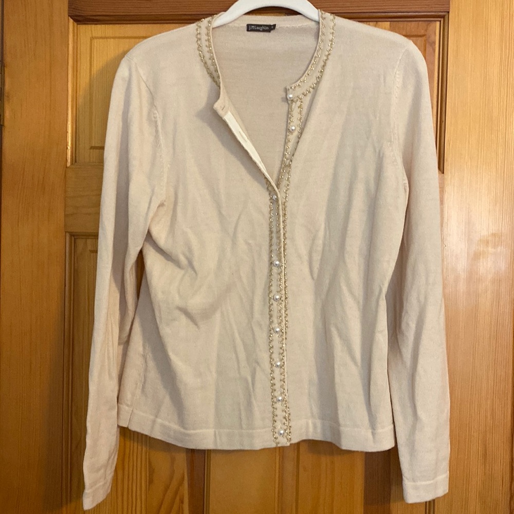 J. McLaughlin size M merino wool sweater trim in gold bearing with pearl buttons
